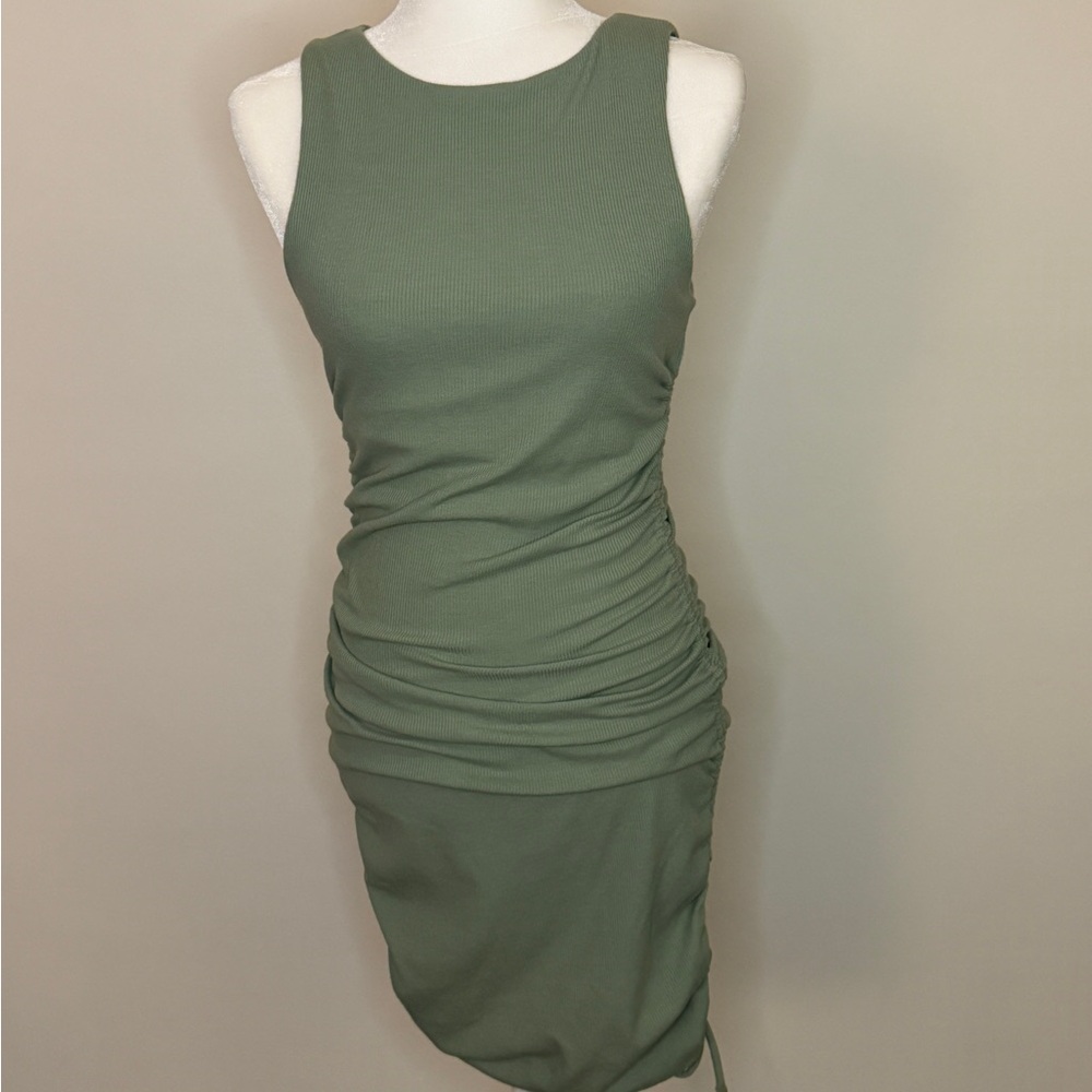 Lulu’s  Sage Green Ribbed Drawstring Ruched Bodycon Dress